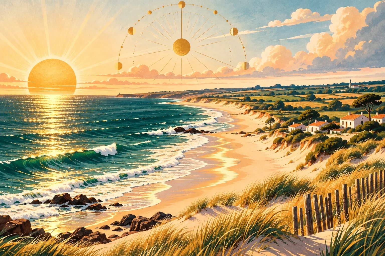 Illustration : soleil doré et cadran saisonnier abstrait au-dessus d’une plage atlantique, entre l’océan et le bocage vendéen.