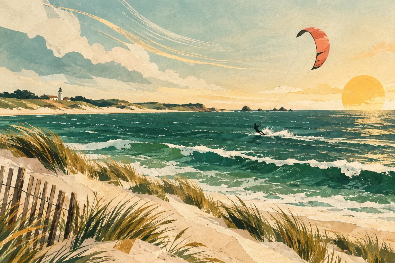 Illustration : un kitesurfeur porté par le vent devant les dunes vendéennes.