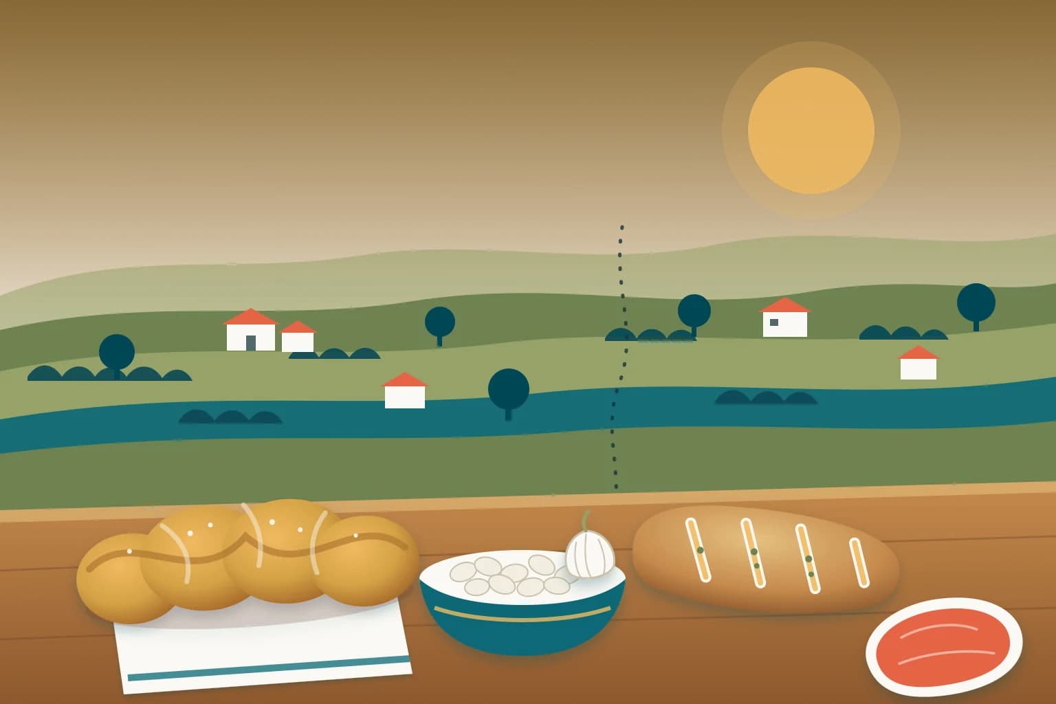 Illustration : une brioche tressée, des mogettes et un préfou sur une table, devant un bocage qui s’étend au-delà d’une frontière pointillée.