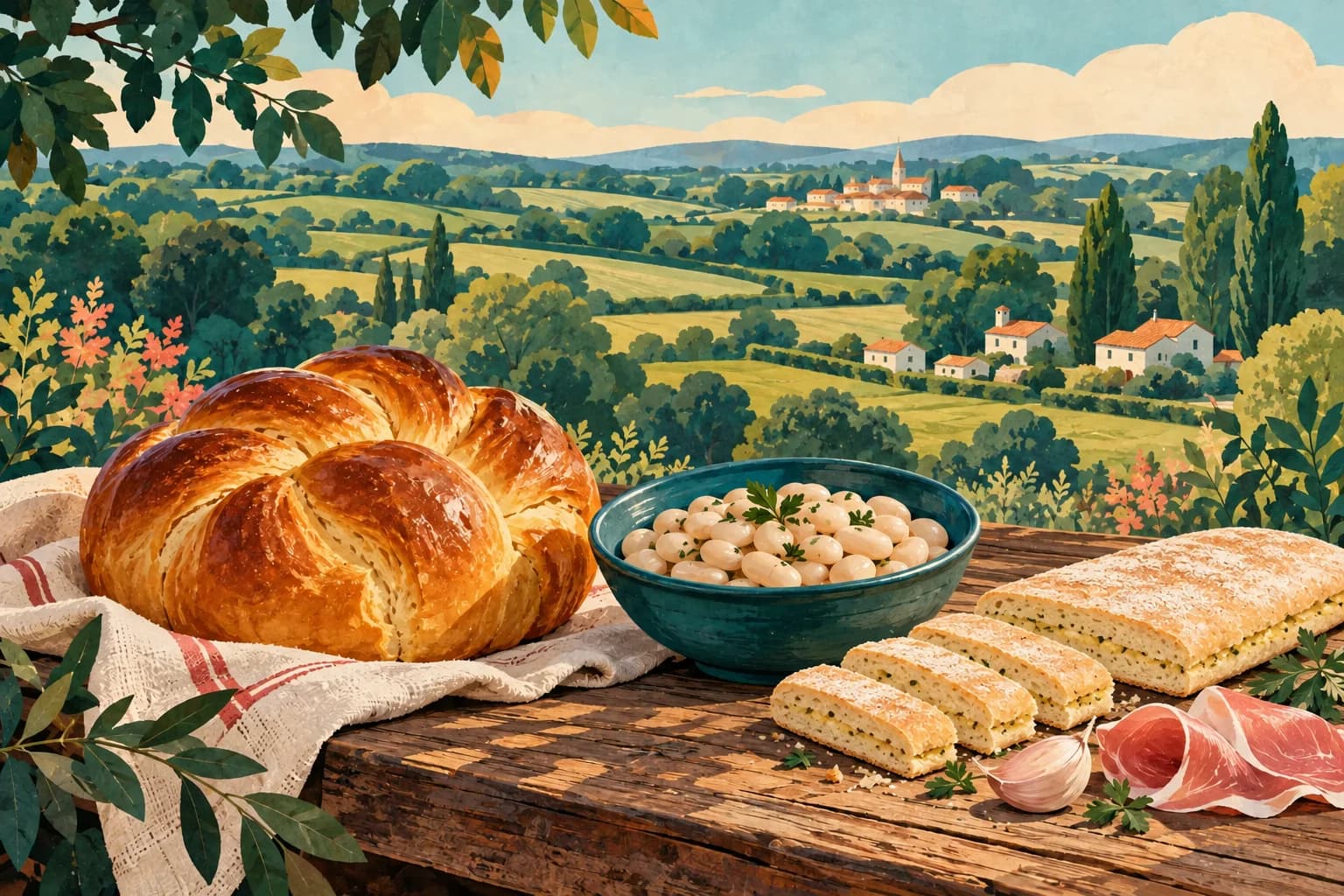 Illustration : une brioche tressée, un bol de mogettes, un préfou et du jambon sur une table, devant un bocage verdoyant.
