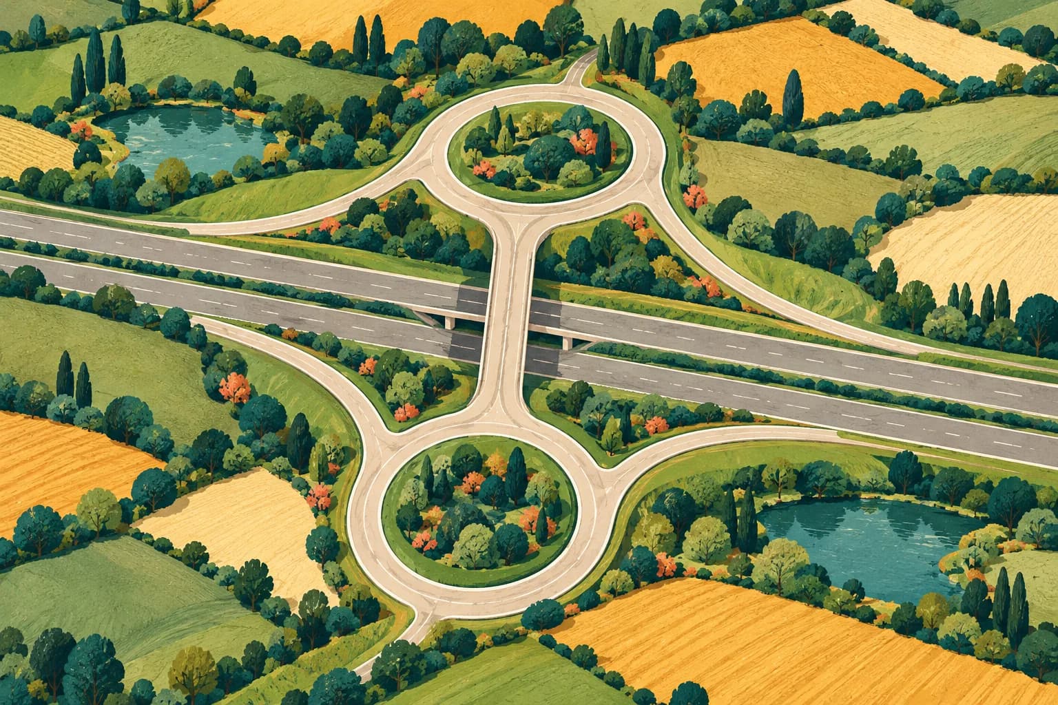 Illustration : vue aérienne stylisée de deux ronds-points reliés par un pont au-dessus d’une voie rapide, comme une paire de lunettes, au milieu du bocage.