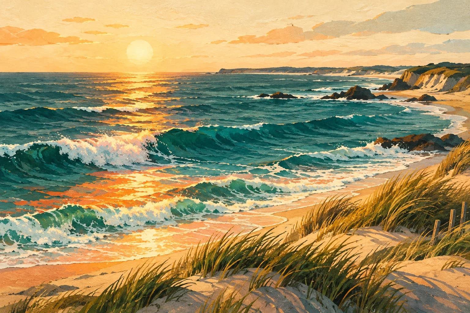 Illustration : une mer turquoise aux reflets dorés sous un soleil bas, bordée d’une dune d’oyats.